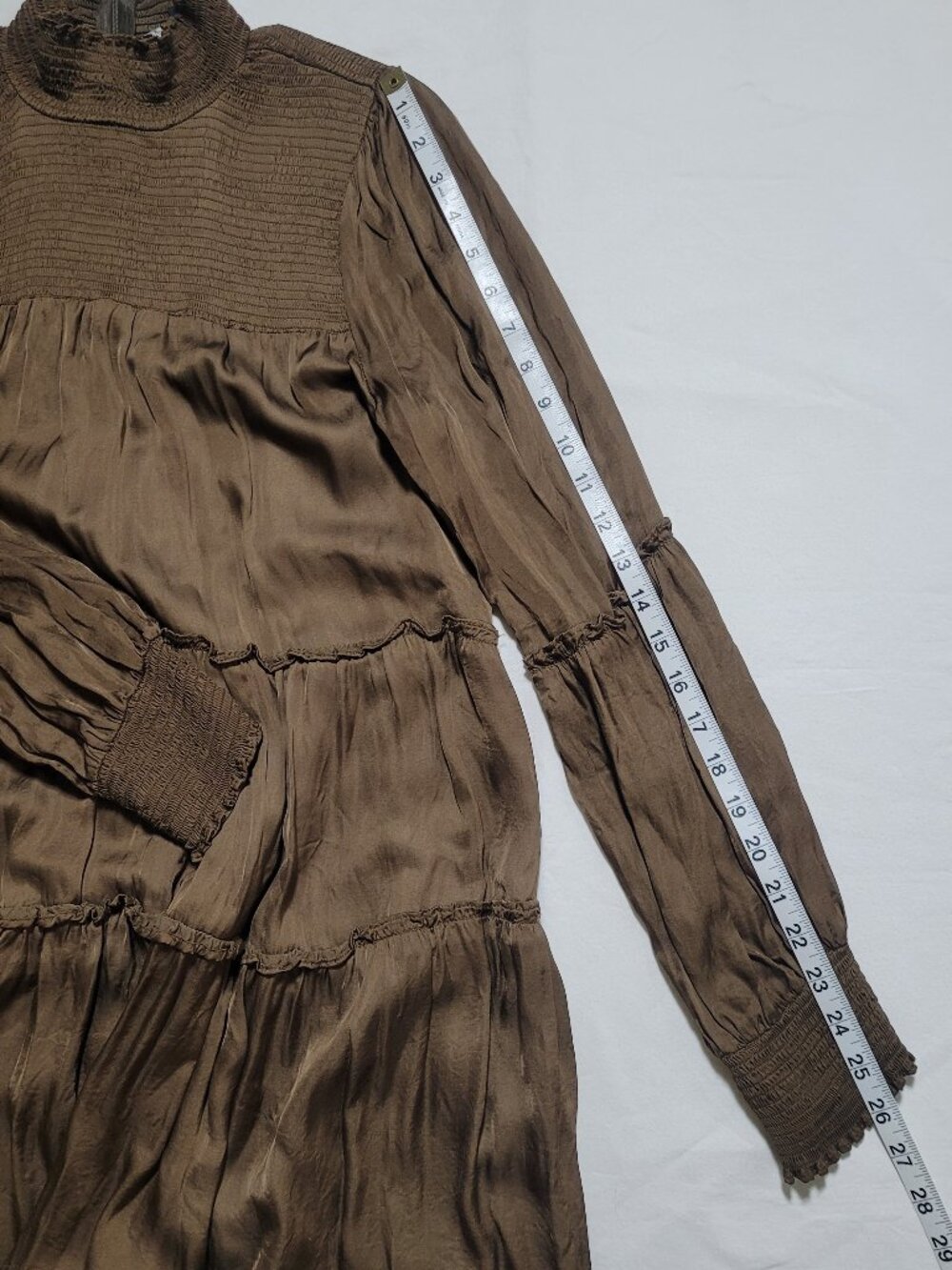 Olivaceous Long Sleeve Tiered Smocked Mini Dress Brown Medium Babydoll Boho - Picture 5 of 10